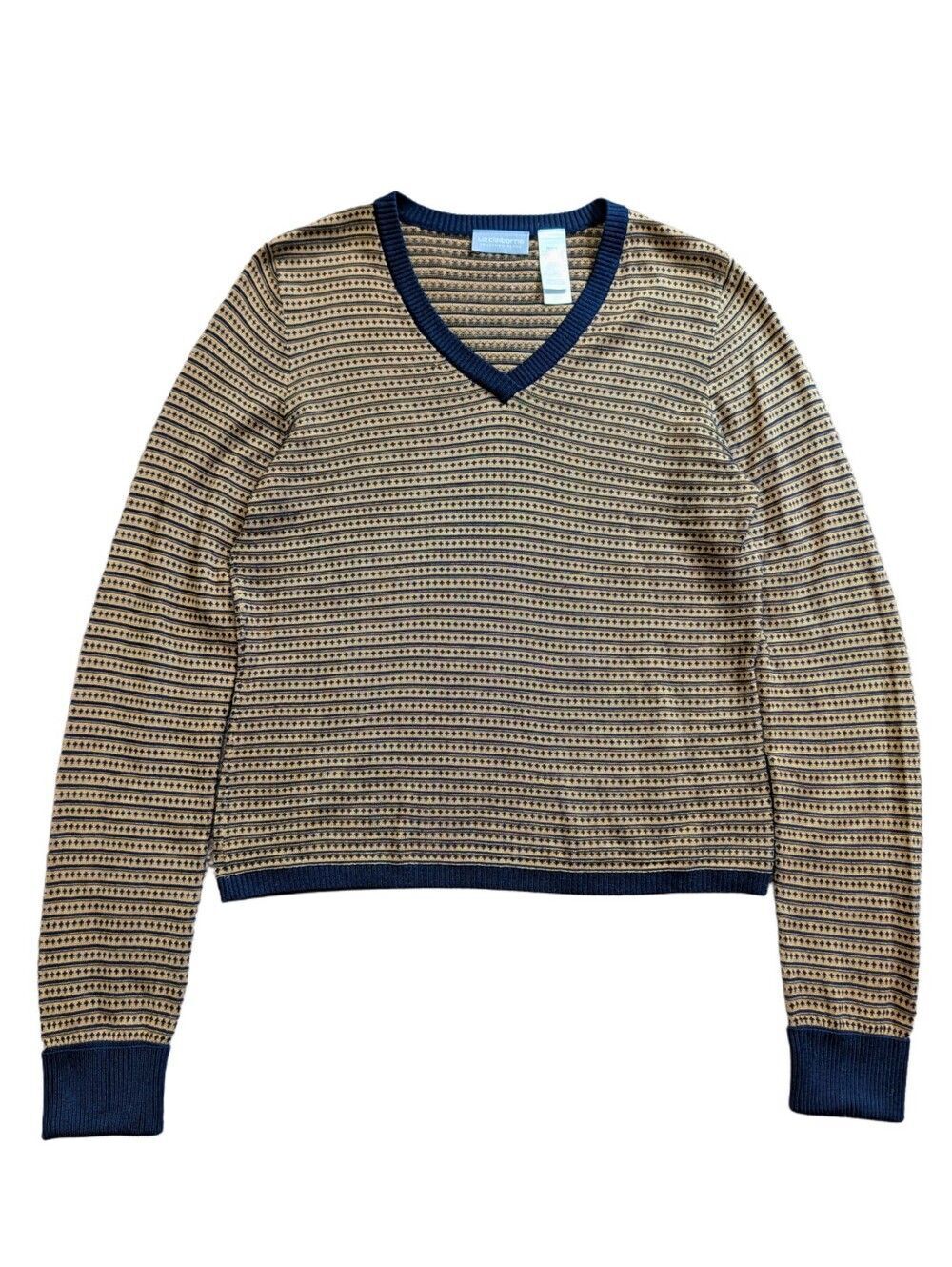 Liz Claiborne Petites Womens Tan Black Silk V-Neck Knit Sweater Small Petite